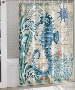 Vintage Nautical Ocean Map Shower Curtain with Seahorse, Seaweed, and Shell, 72x72 - Unique Shower Curtains