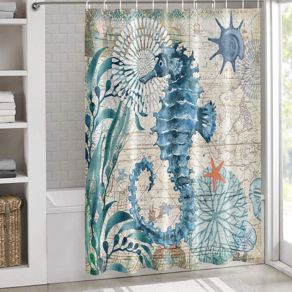 Vintage Nautical Ocean Map Shower Curtain with Seahorse, Seaweed, and Shell, 72x72 - Unique Shower Curtains