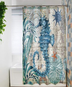 Vintage Nautical Ocean Map Shower Curtain with Seahorse, Seaweed, and Shell, 72x72 - Unique Shower Curtains