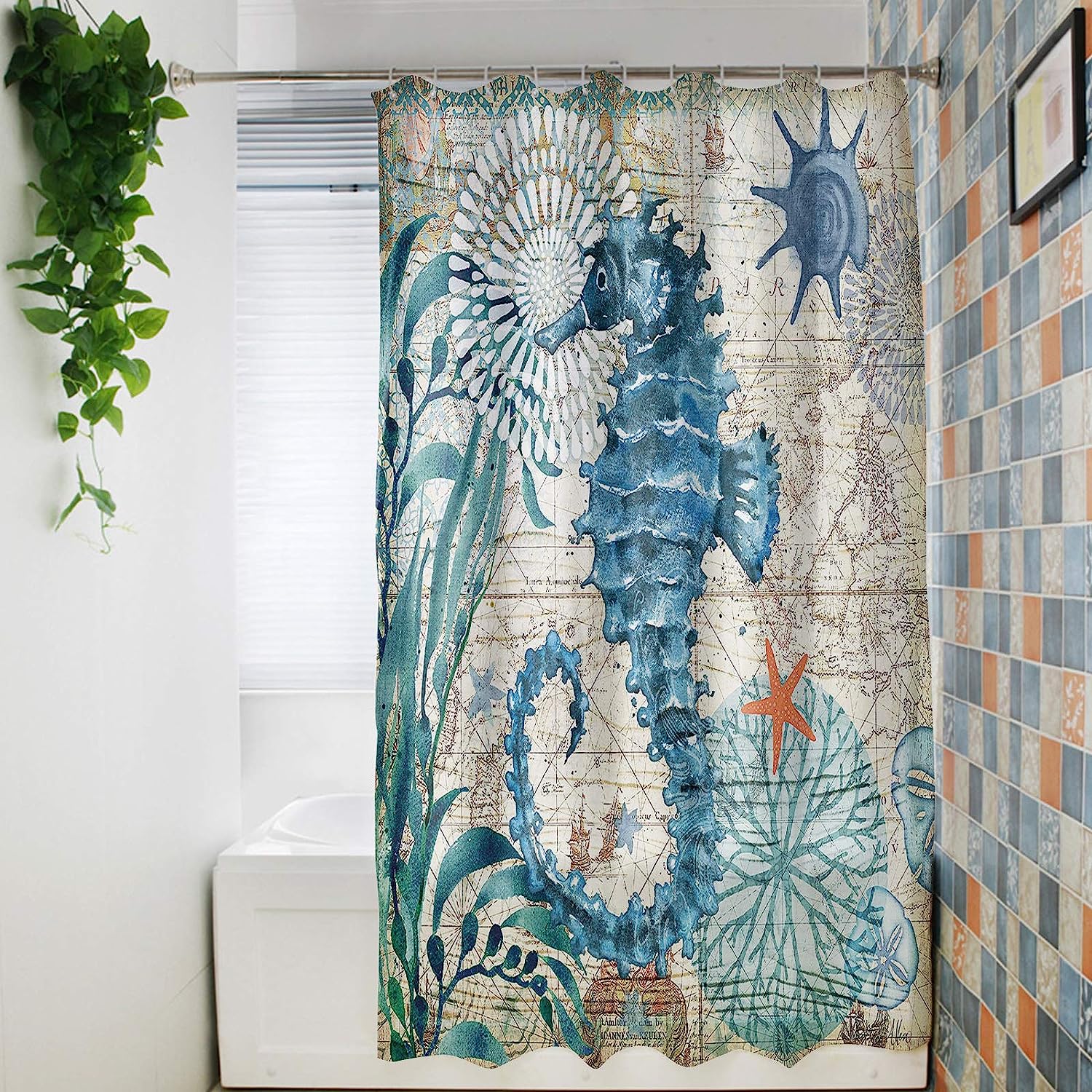 Vintage Nautical Ocean Map Shower Curtain with Seahorse, Seaweed, and Shell, 72x72 - Unique Shower Curtains