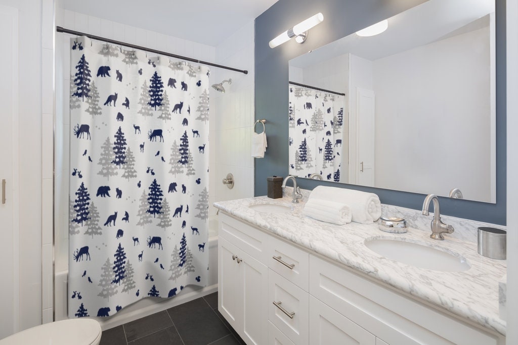 Vintage Nautical Ocean Marine Boat Shower Curtain with Rope Anchor Design - Navy Blue Shower Curtain for Bathroom