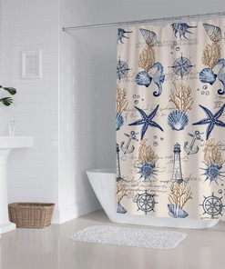 Vintage Nautical Shower Curtain with Ivory Beige Retro Anchor, Sea Horse, Starfish and Seashells, Ocean Beach Bathroom