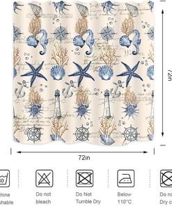 Vintage Nautical Shower Curtain with Ivory Beige Retro Anchor, Sea Horse, Starfish and Seashells, Ocean Beach Bathroom