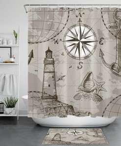 Vintage Nautical Theme Shower Curtain with Lighthouse and Anchor - Bathroom Accessories Set