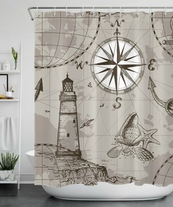 Vintage Nautical Theme Shower Curtain with Lighthouse and Anchor - Bathroom Accessories Set