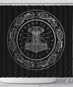 Vintage Norse Vikings Shower Curtain Cover with Odin Rune Thor's Hammer Mjolnir Pattern