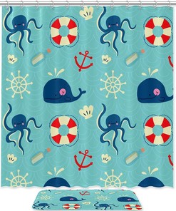 Vintage Octopus Whales Shower Curtain Nautical Bathroom Decor Fabric