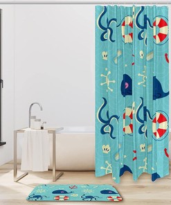 Vintage Octopus Whales Shower Curtain Nautical Bathroom Decor Fabric