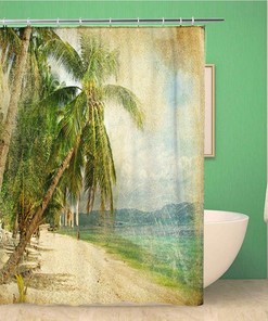 Vintage Palm Tree Aloha Shower Curtain - Blue Hawaii Tropical Beach Style Design
