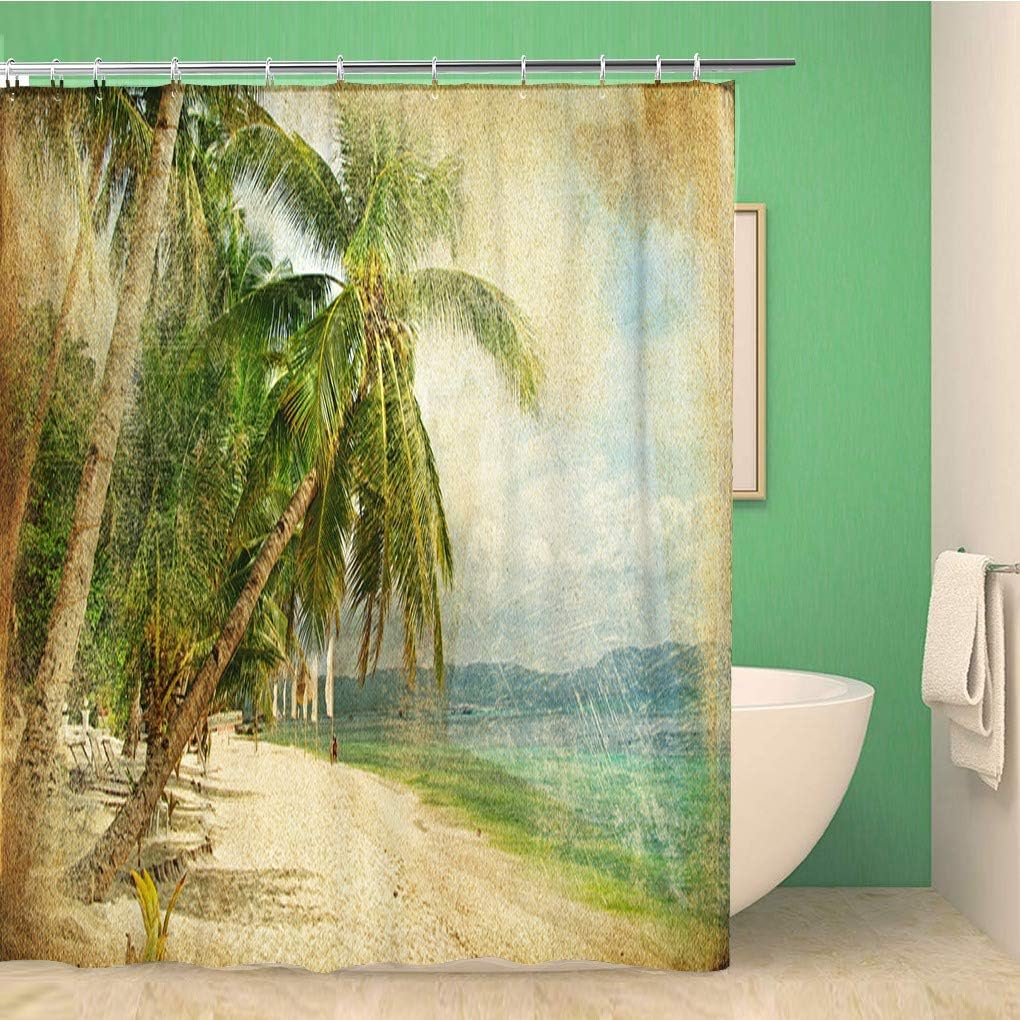 Vintage Palm Tree Aloha Shower Curtain - Blue Hawaii Tropical Beach Style Design