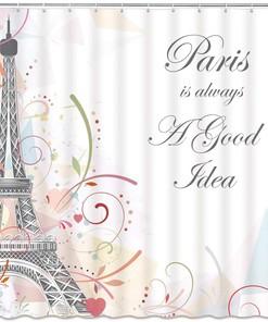 Vintage Paris Abstract Pink Flower Shower Curtain with Gray Eiffel Tower Design, Perfect for European