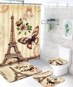 Vintage Paris Eiffel Tower Shower Curtain with Flower and Butterfly Print