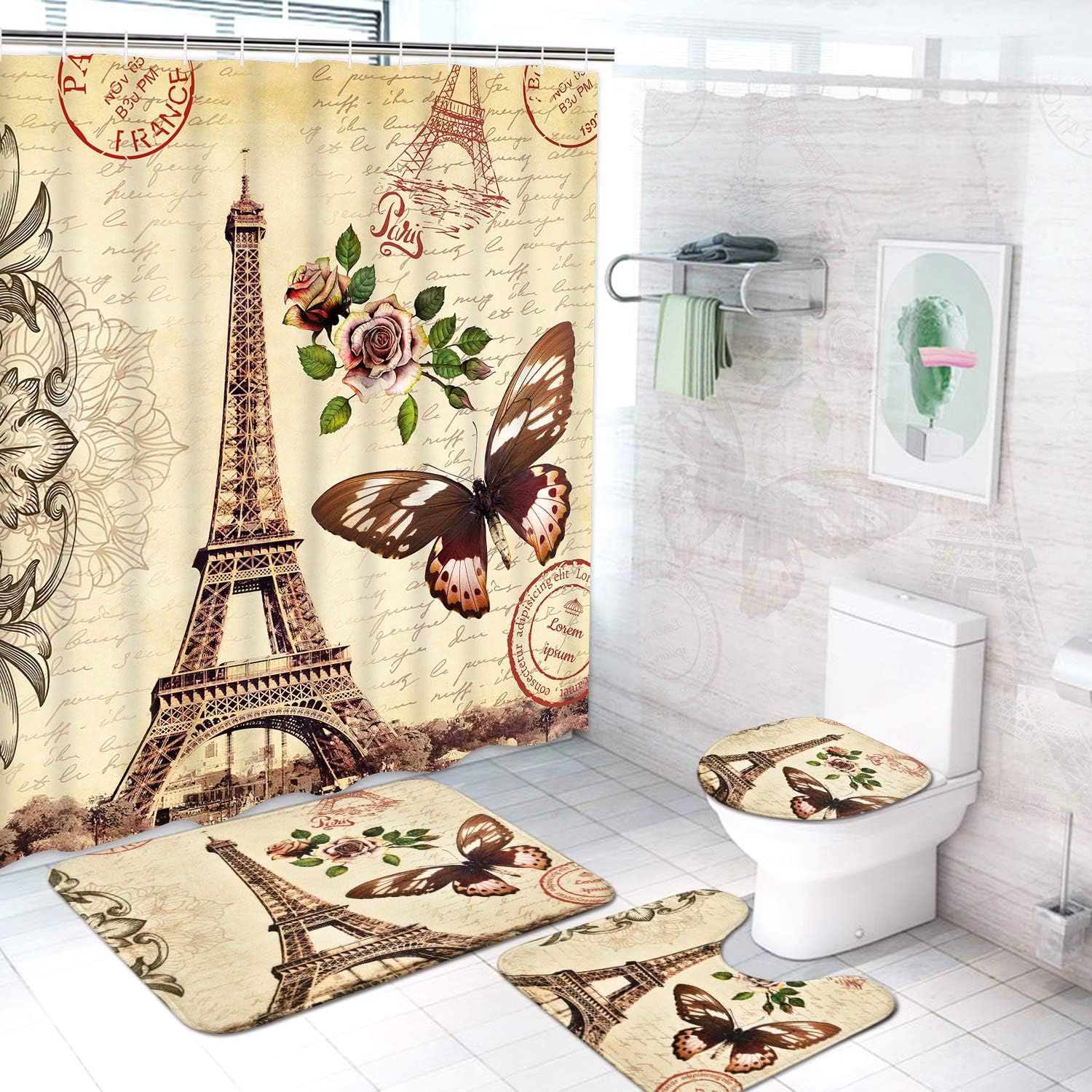 Vintage Paris Eiffel Tower Shower Curtain with Flower and Butterfly Print