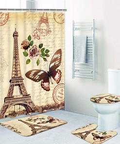 Vintage Paris Eiffel Tower Shower Curtain with Flower and Butterfly Print