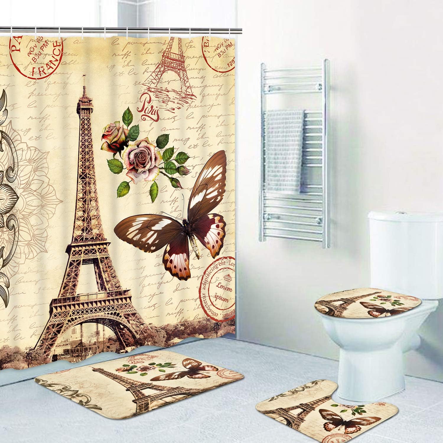 Vintage Paris Eiffel Tower Shower Curtain with Flower and Butterfly Print