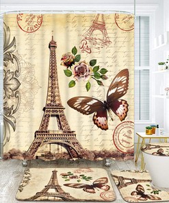 Vintage Paris Eiffel Tower Shower Curtain with Flower and Butterfly Print