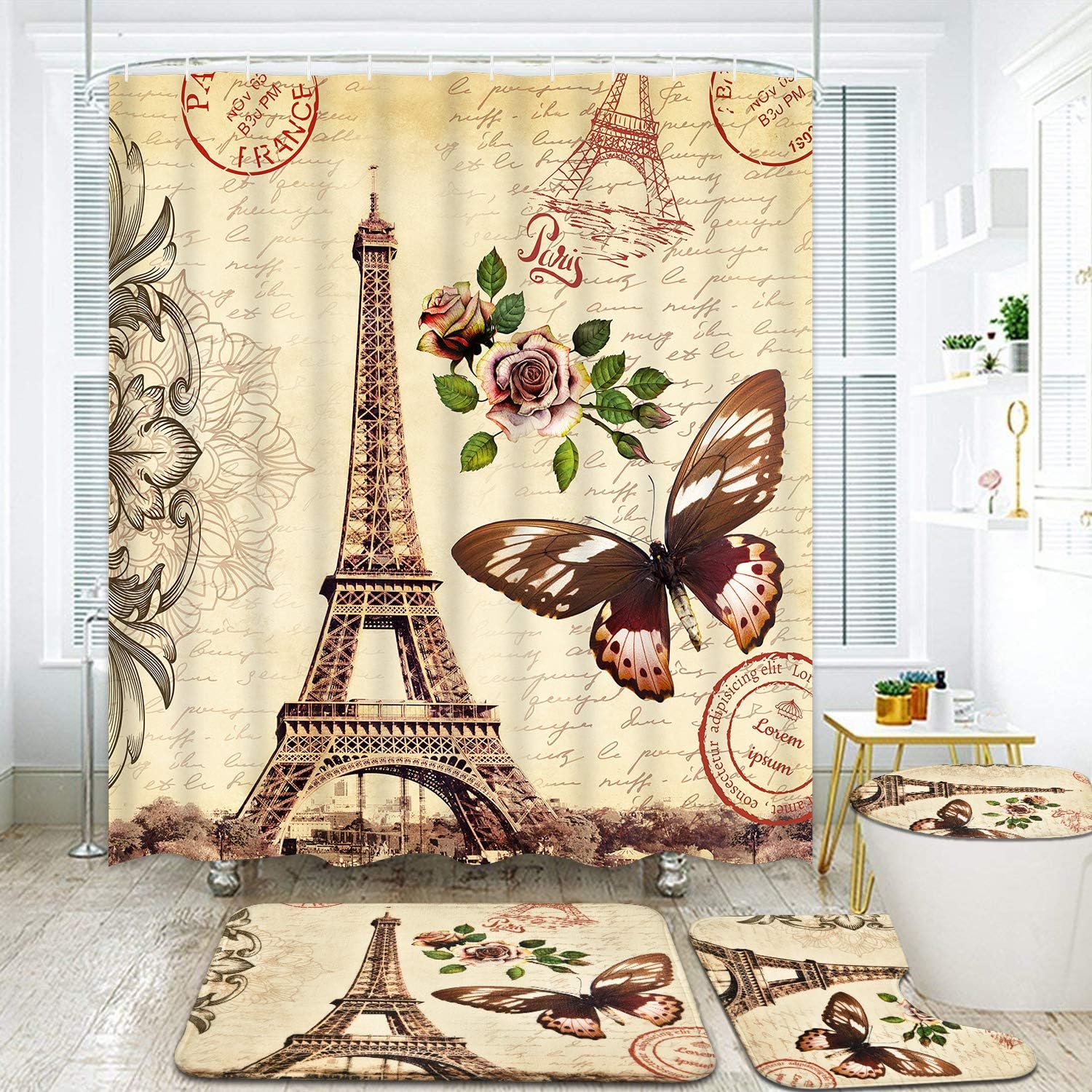 Vintage Paris Eiffel Tower Shower Curtain with Flower and Butterfly Print