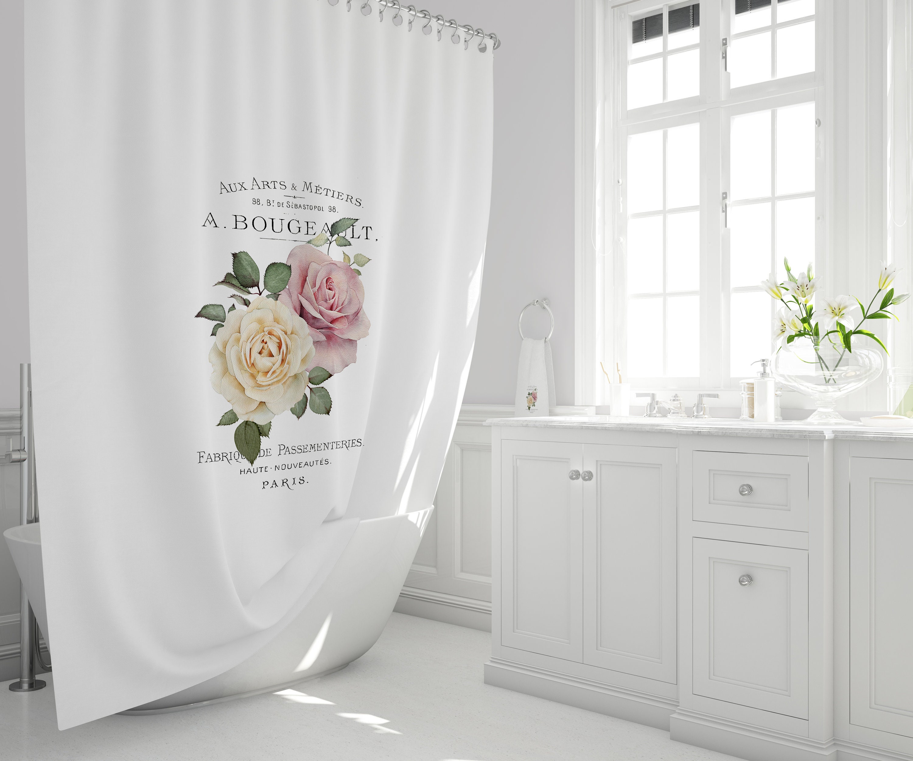 Vintage Parisian Rose Artwork French Botanical Shower Curtain With A Boho Bathroom Vibe