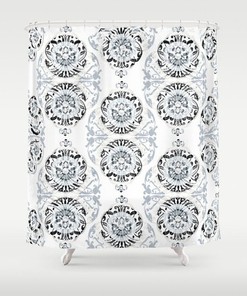 Vintage Patterned Gray Shower Curtain With Geometric, Floral, And Abstract Design