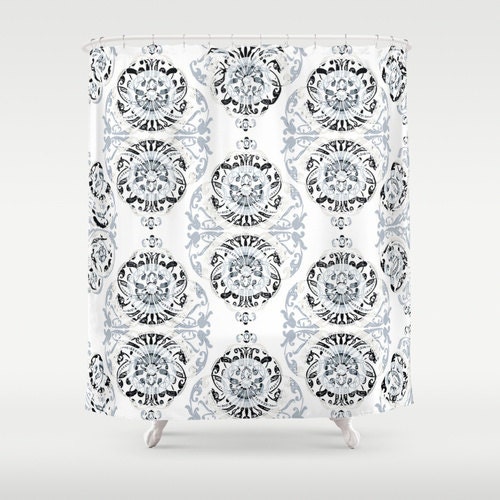 Vintage Patterned Gray Shower Curtain With Geometric, Floral, And Abstract Design