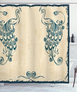 Vintage Peacock Bird Print Shower Curtain, Teal Beige Bathroom Decor