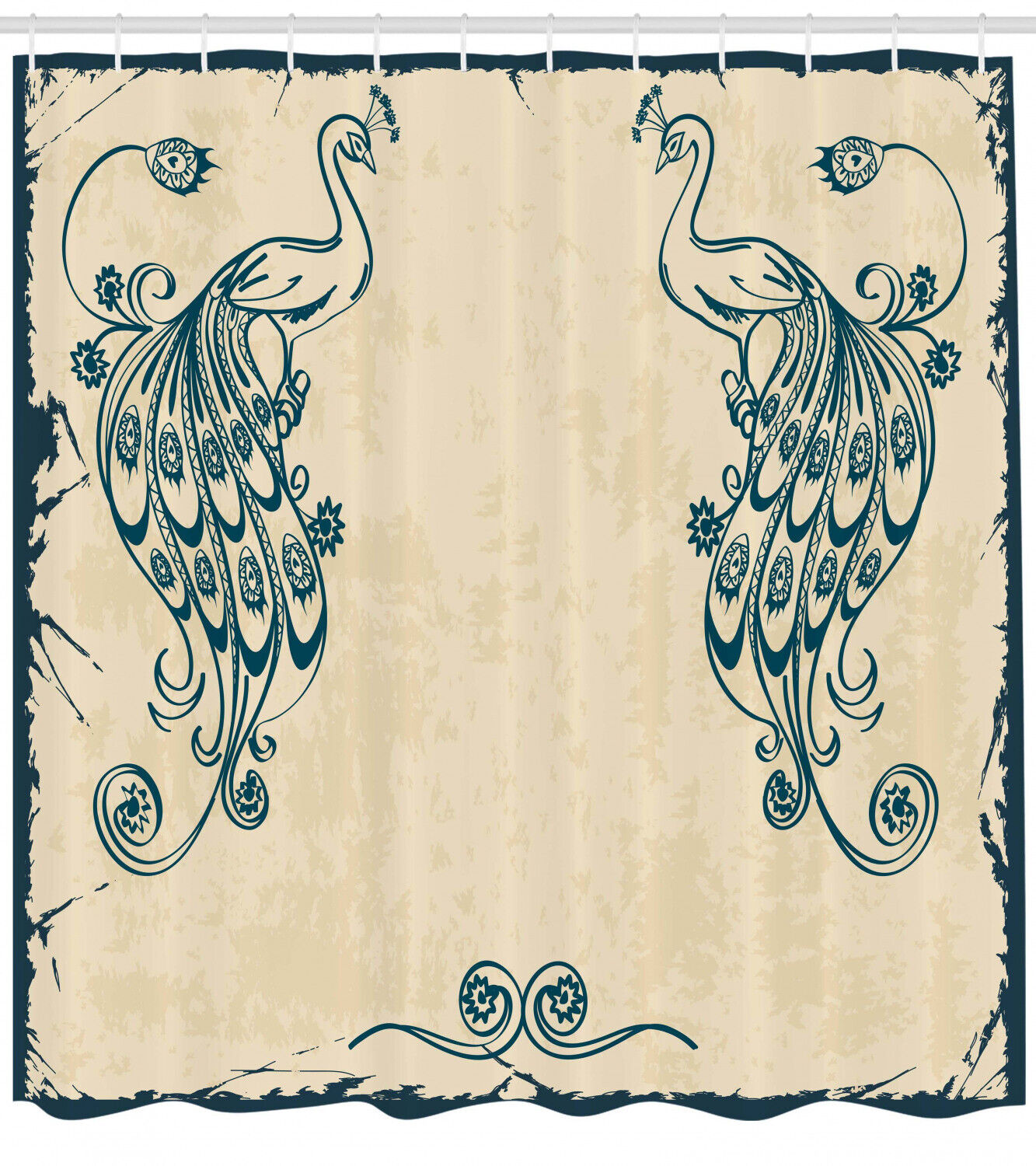 Vintage Peacock Bird Print Shower Curtain, Teal Beige Bathroom Decor - Image 2