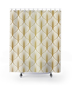 Vintage Peacock Fan Pattern Shower Curtain, Chic Geometric Print In White & Gold, Modern Bathroom Accessory