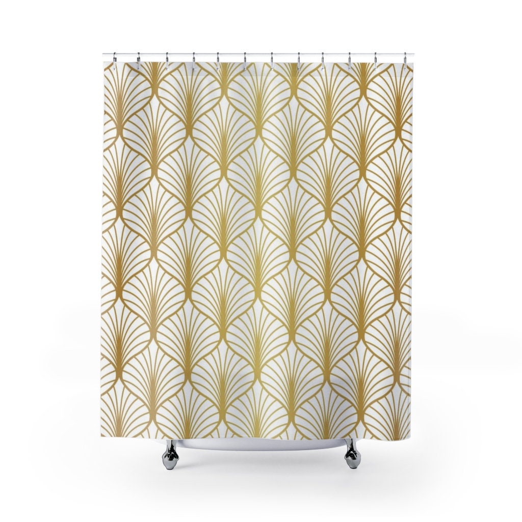Vintage Peacock Fan Pattern Shower Curtain, Chic Geometric Print In White & Gold, Modern Bathroom Accessory