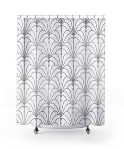Vintage Peacock Fan Pattern Shower Curtain, Chic Geometric Print In White & Silver, Modern Bathroom Accessory