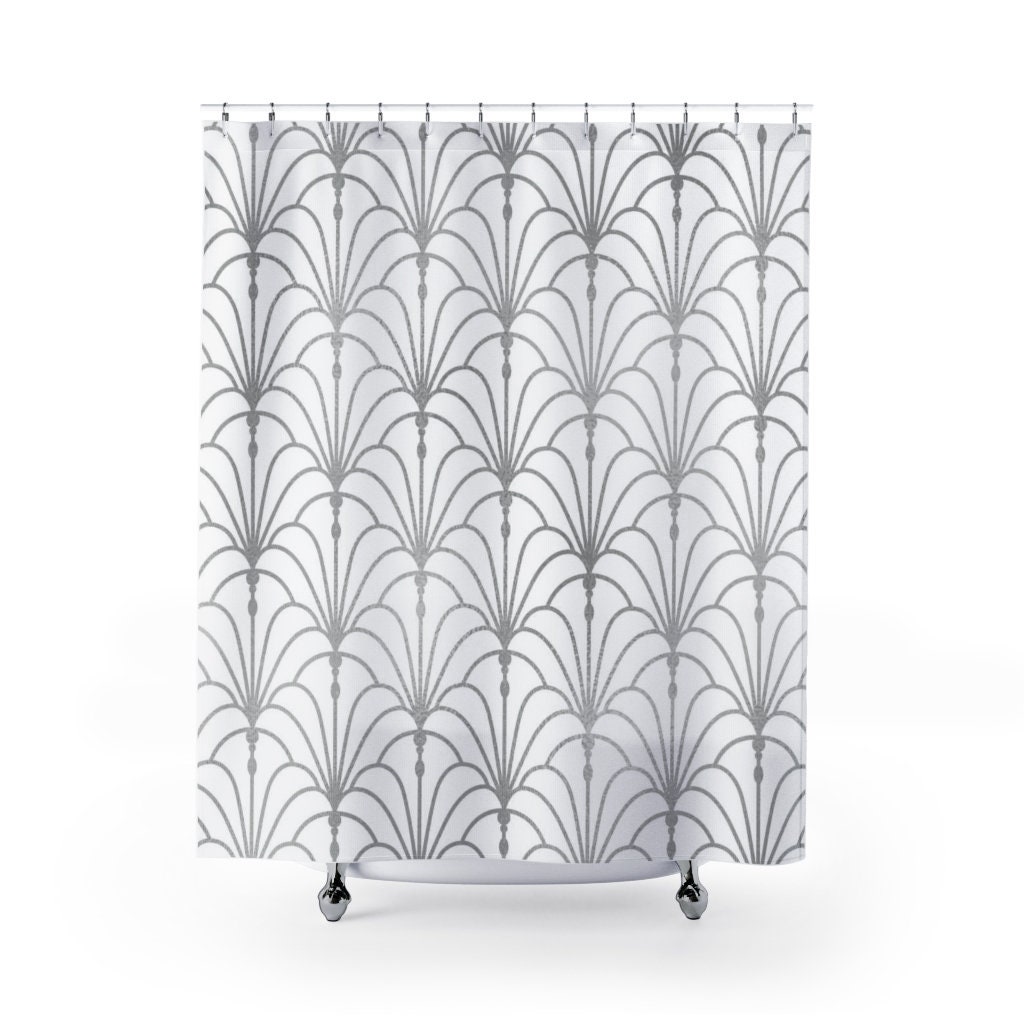 Vintage Peacock Fan Pattern Shower Curtain, Chic Geometric Print In White & Silver, Modern Bathroom Accessory
