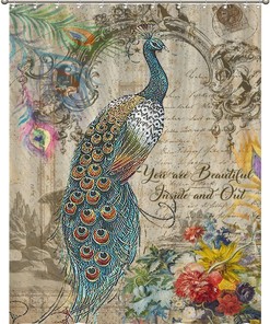Vintage Peacock Floral Motto Shower Curtain for Beautiful Bathroom