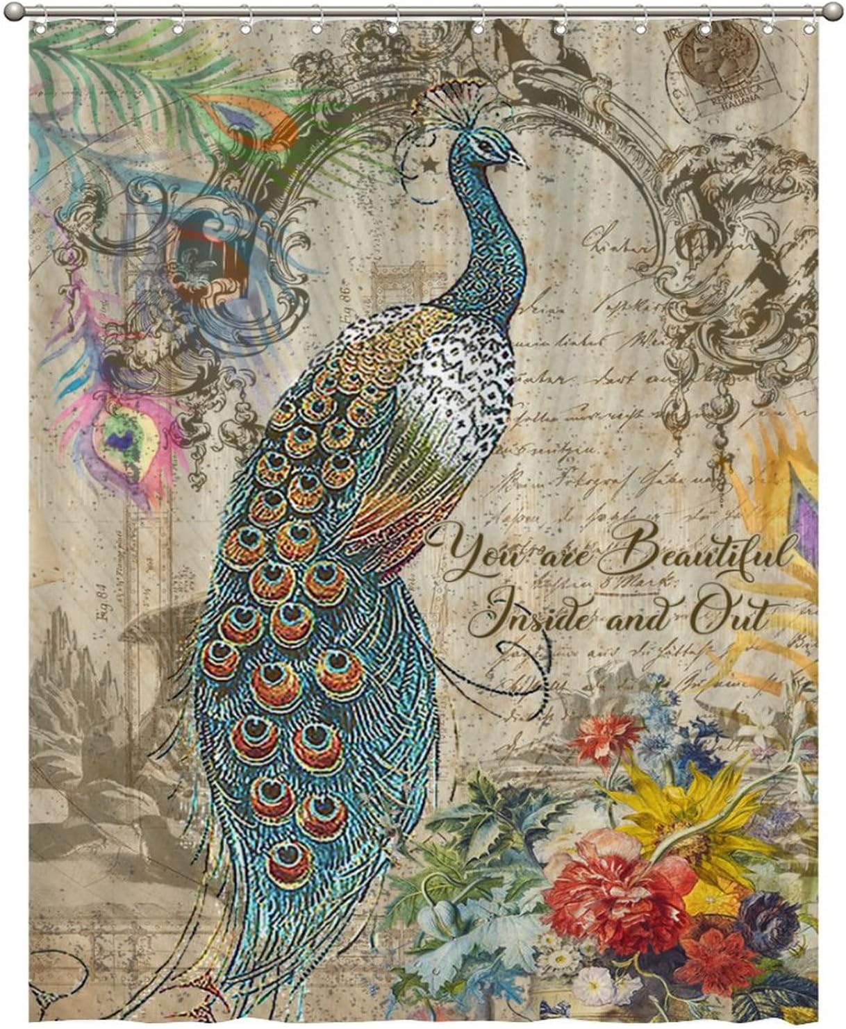 Vintage Peacock Floral Motto Shower Curtain for Beautiful Bathroom
