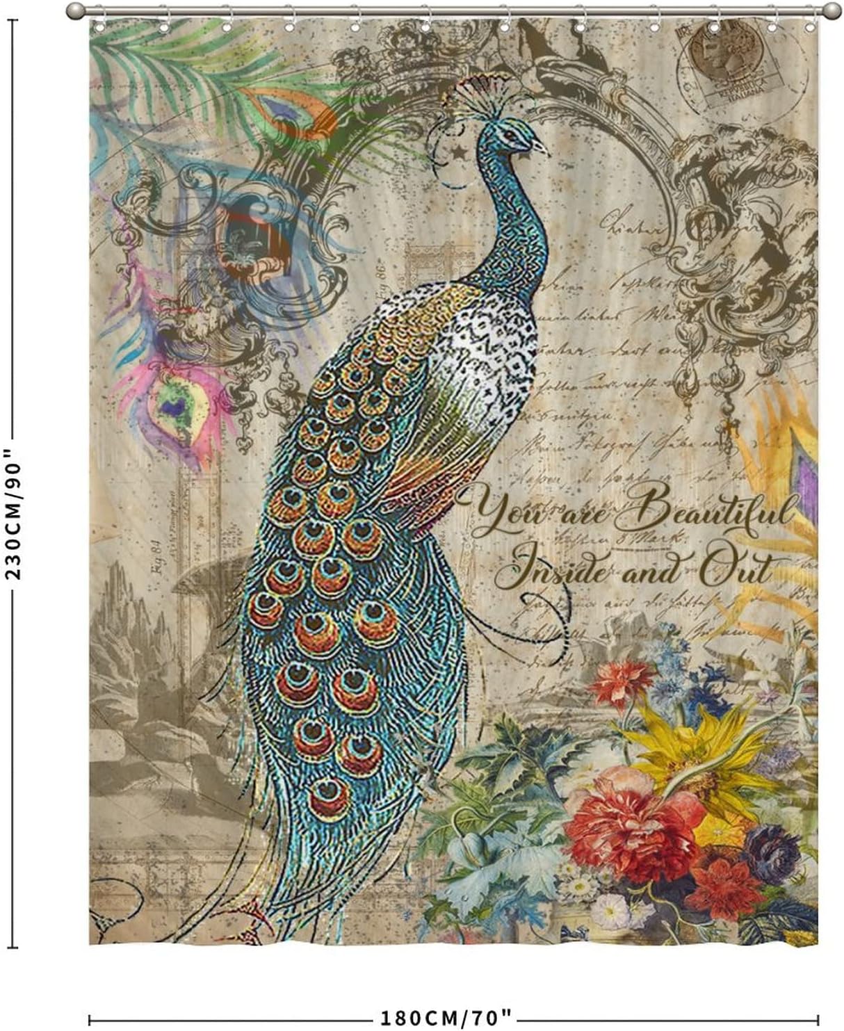 Vintage Peacock Floral Motto Shower Curtain for Beautiful Bathroom