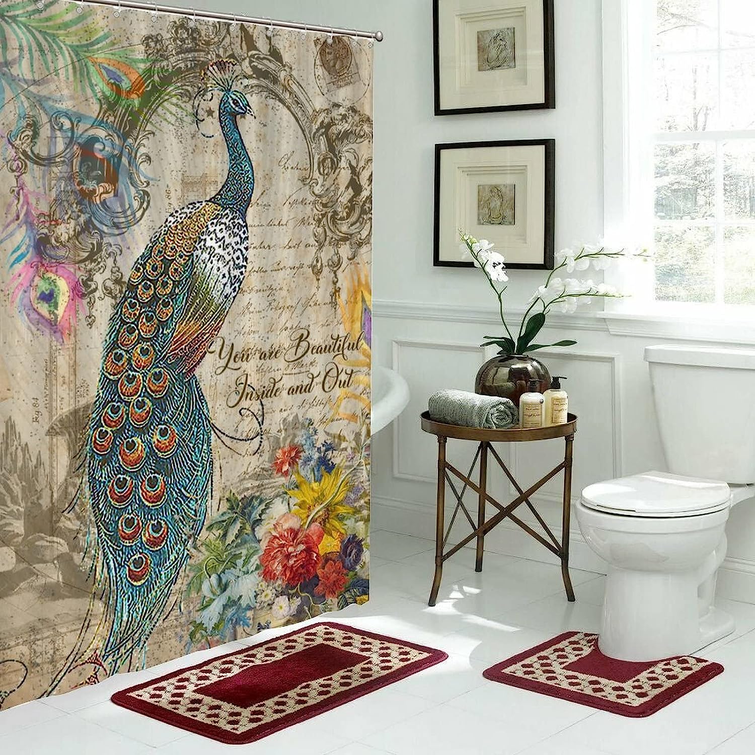 Vintage Peacock Floral Motto Shower Curtain for Beautiful Bathroom