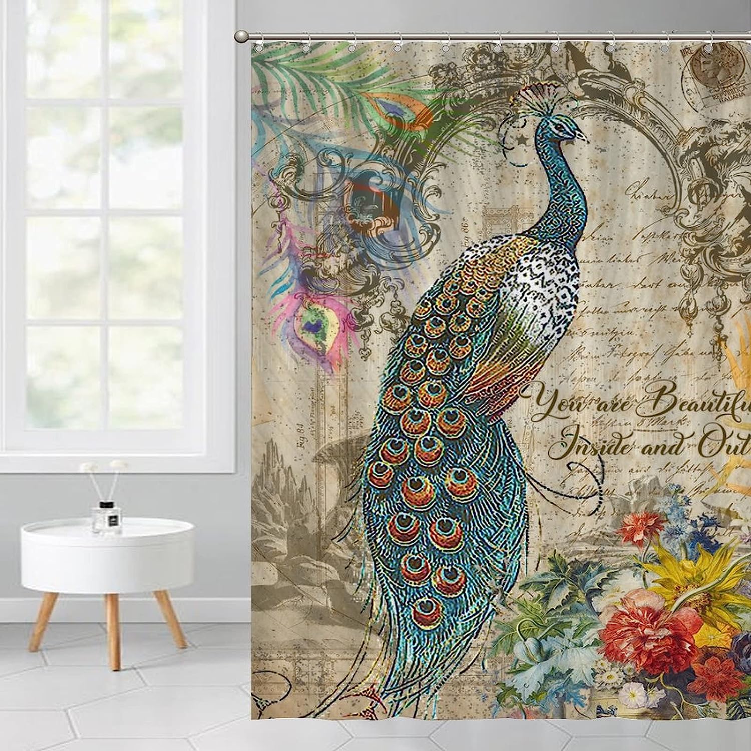Vintage Peacock Floral Motto Shower Curtain for Beautiful Bathroom