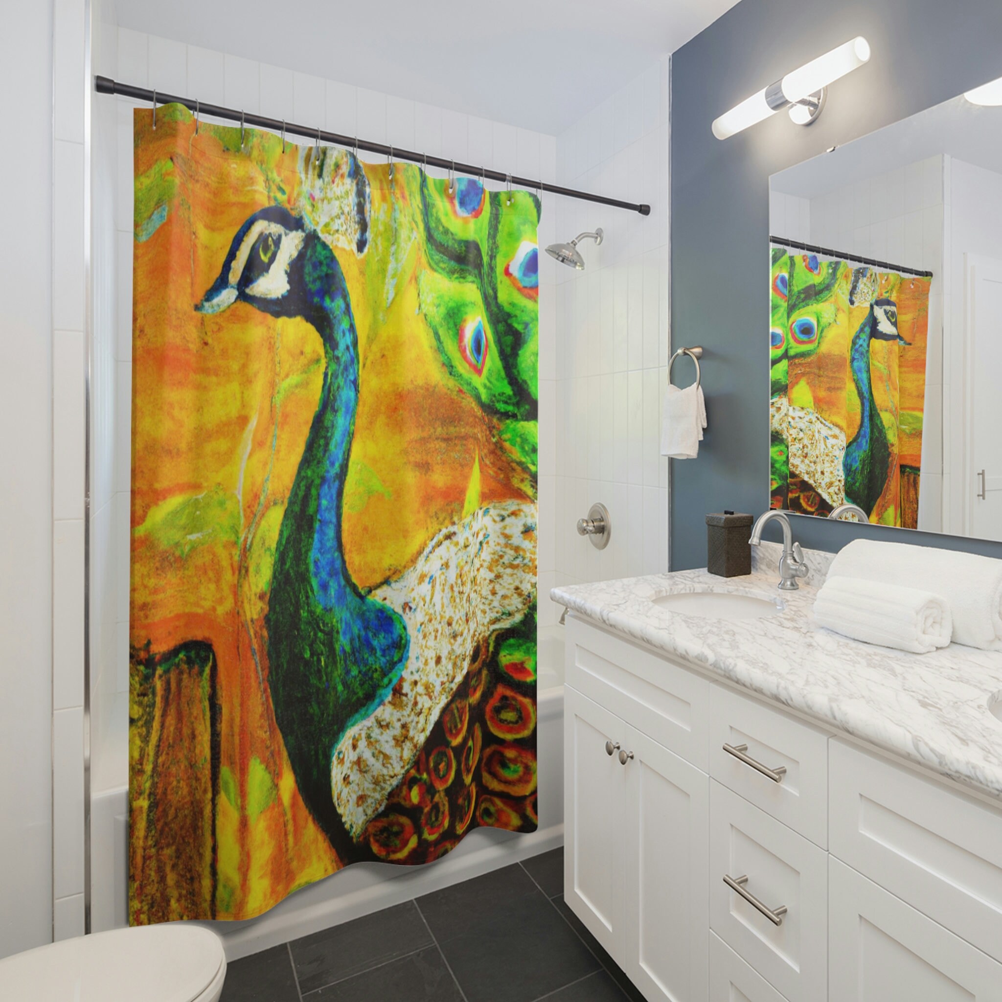 Vintage Peacock Painting Custom Shower Curtain - At Home Bathroom Decor