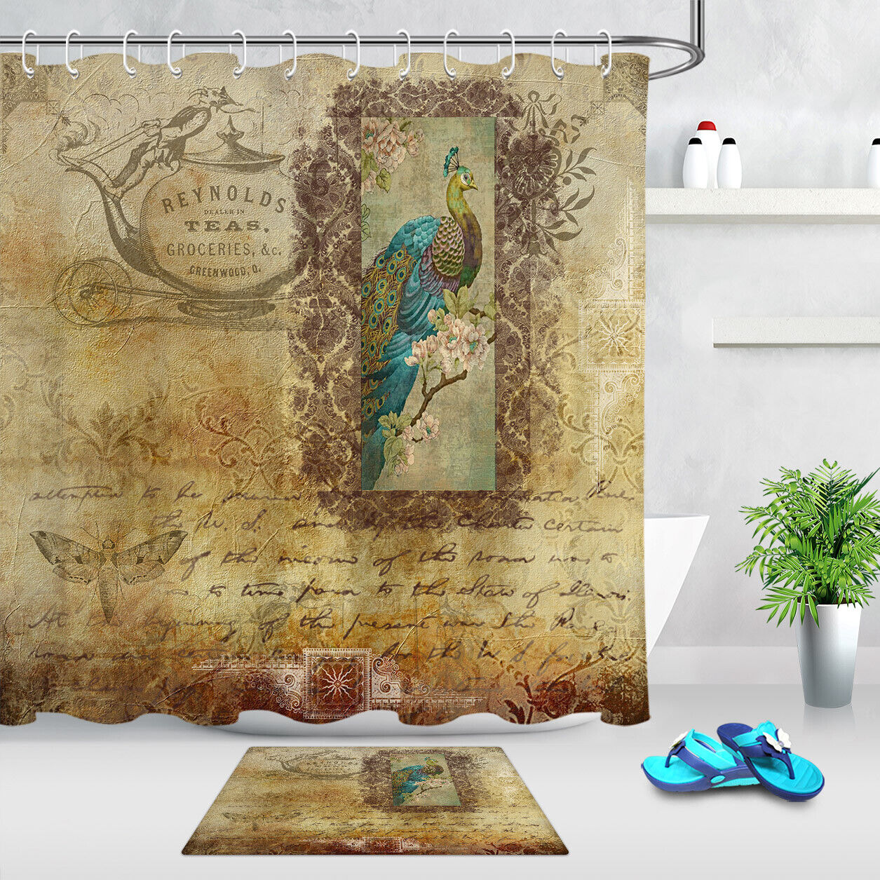 Vintage Peacock Postcard Shower Curtain - Waterproof Fabric Bath Accessory