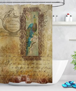 Vintage Peacock Postcard Shower Curtain - Waterproof Fabric Bath Accessory