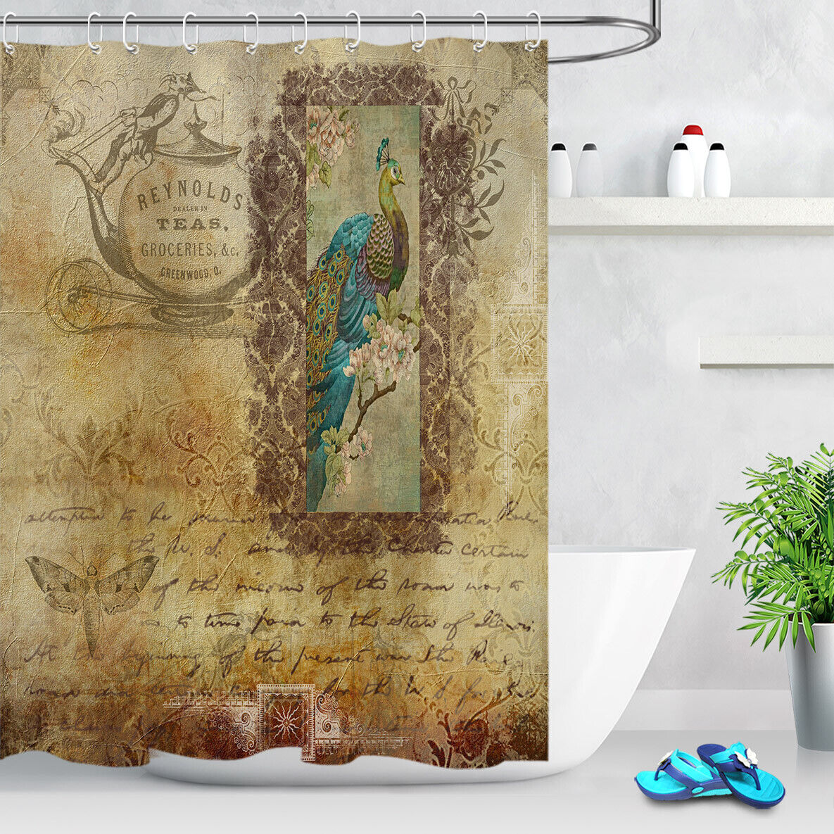 Vintage Peacock Postcard Shower Curtain - Waterproof Fabric Bath Accessory