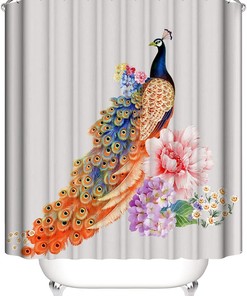Vintage Peacock Shower Curtain With Blue And Orange Feather Design