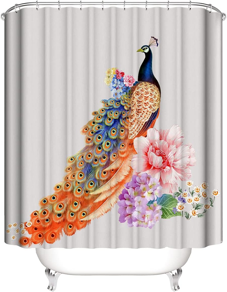 Vintage Peacock Shower Curtain With Blue And Orange Feather Design