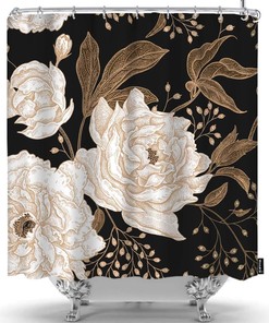 Vintage Peonies & Roses Shower Curtain, Berries Leaves Branches, Floral Black Background Bathroom Fabric Curtain 