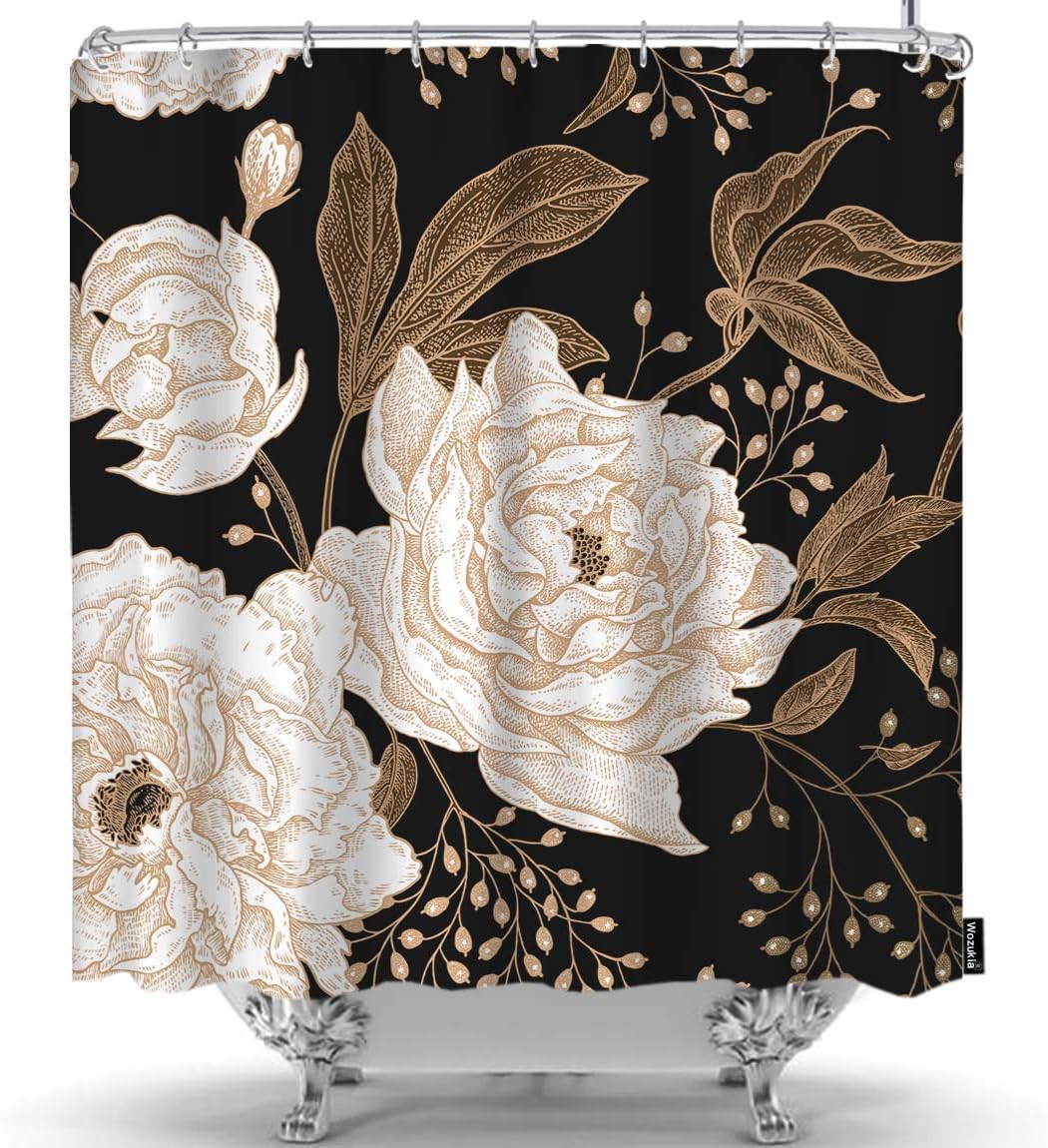 Vintage Peonies & Roses Shower Curtain, Berries Leaves Branches, Floral Black Background Bathroom Fabric Curtain