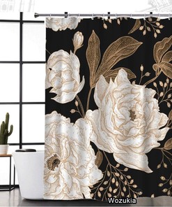 Vintage Peonies & Roses Shower Curtain, Berries Leaves Branches, Floral Black Background Bathroom Fabric Curtain
