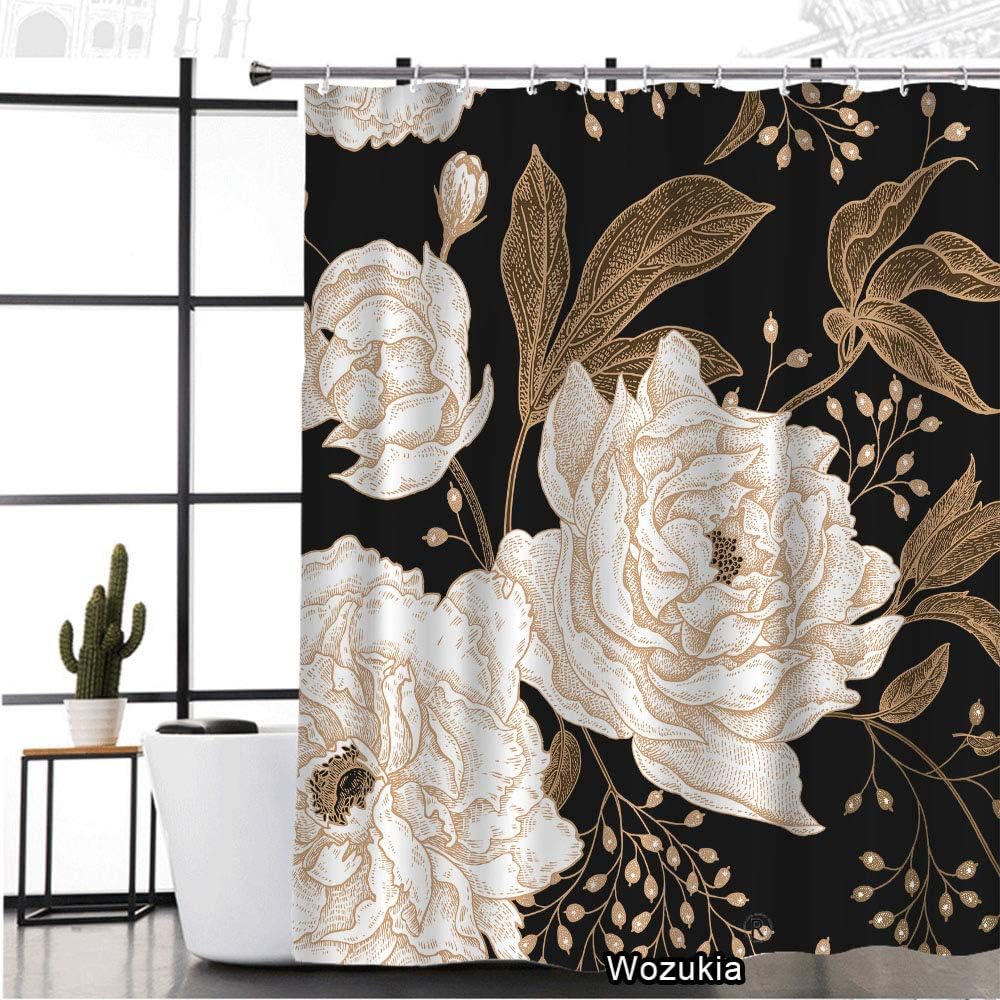 Vintage Peonies & Roses Shower Curtain, Berries Leaves Branches, Floral Black Background Bathroom Fabric Curtain