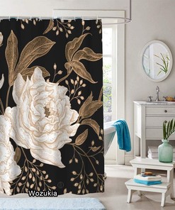Vintage Peonies & Roses Shower Curtain, Berries Leaves Branches, Floral Black Background Bathroom Fabric Curtain