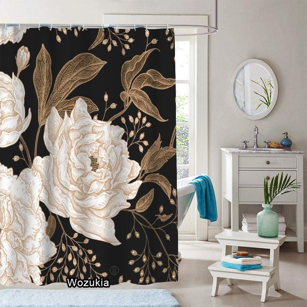 Vintage Peonies & Roses Shower Curtain, Berries Leaves Branches, Floral Black Background Bathroom Fabric Curtain