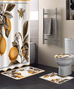 Vintage Picture Lemon and Bee Leaves Shower Curtain for Antique Bathroom