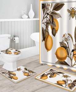 Vintage Picture Lemon and Bee Leaves Shower Curtain for Antique Bathroom