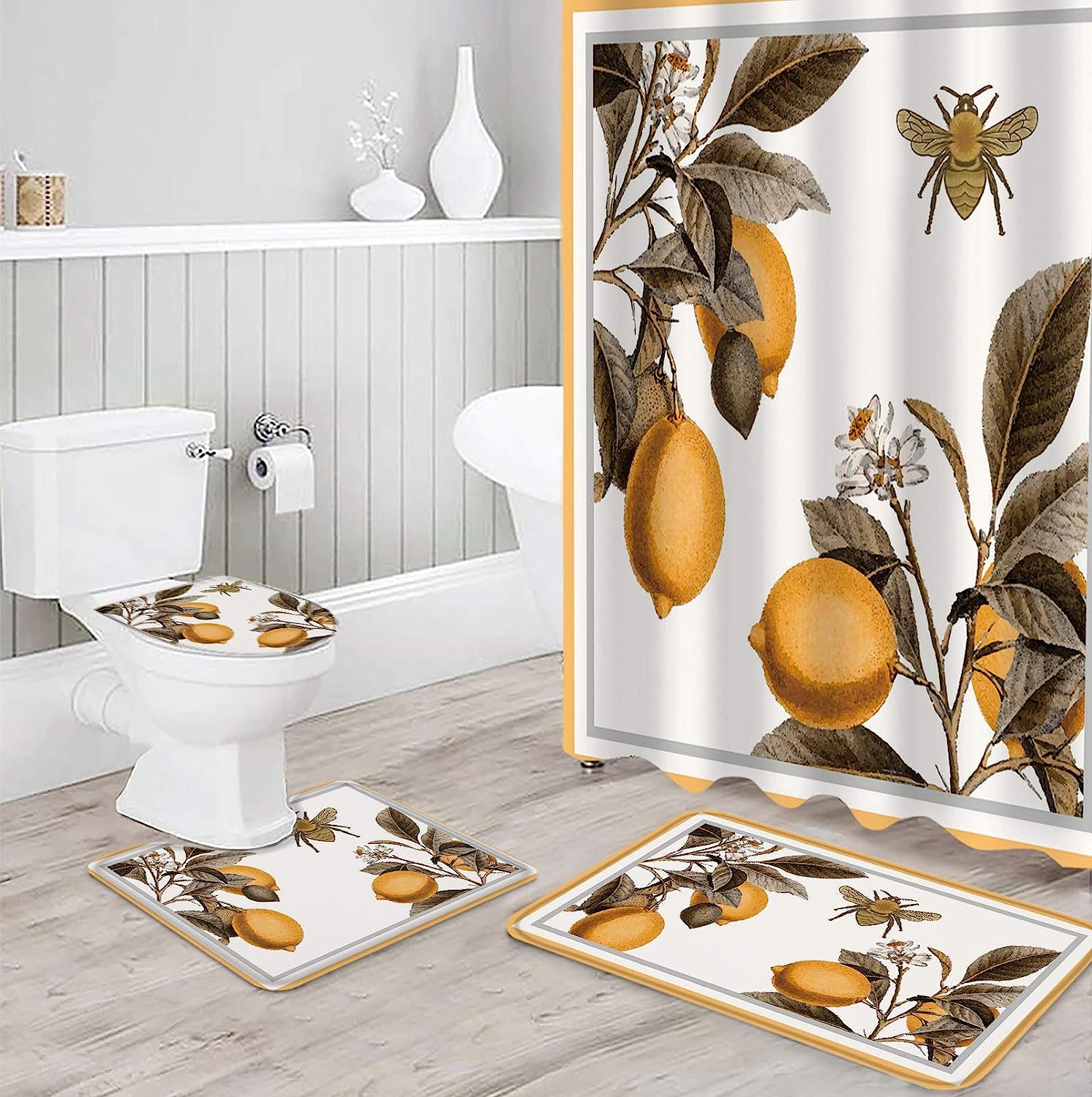 Vintage Picture Lemon and Bee Leaves Shower Curtain for Antique Bathroom